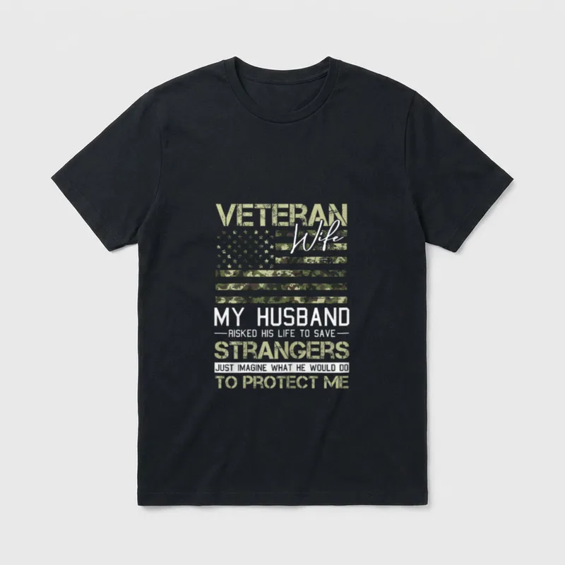 Veteran Wife Camo American Flag Cool T-Shirt – Classic T-Shirt in Black