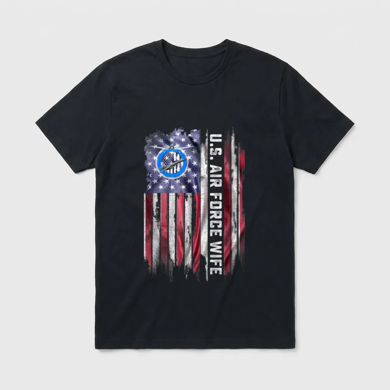 American Flag Proud Air Force Vintage T-Shirt – "PROUD AIR FORCE WIFE" in distressed white letters – Classic T-Shirt in Black