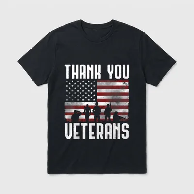 Proud Veterans Day T-Shirt – THANK YOU VETERANS text with American flag and military silhouettes – Classic T-Shirt in Black