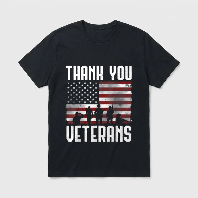 Proud Veterans Day T-Shirt – THANK YOU VETERANS text with American flag and military silhouettes – Classic T-Shirt in Black