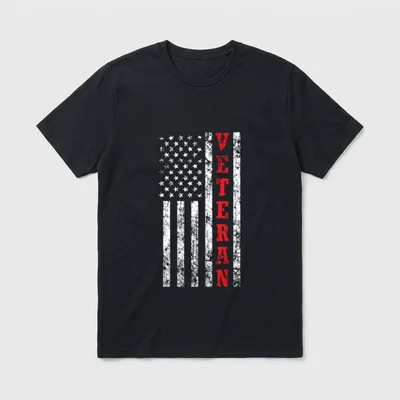 Veteran American Flag T-Shirt – White distressed flag with red "VETERAN" text – Classic T-Shirt in Black