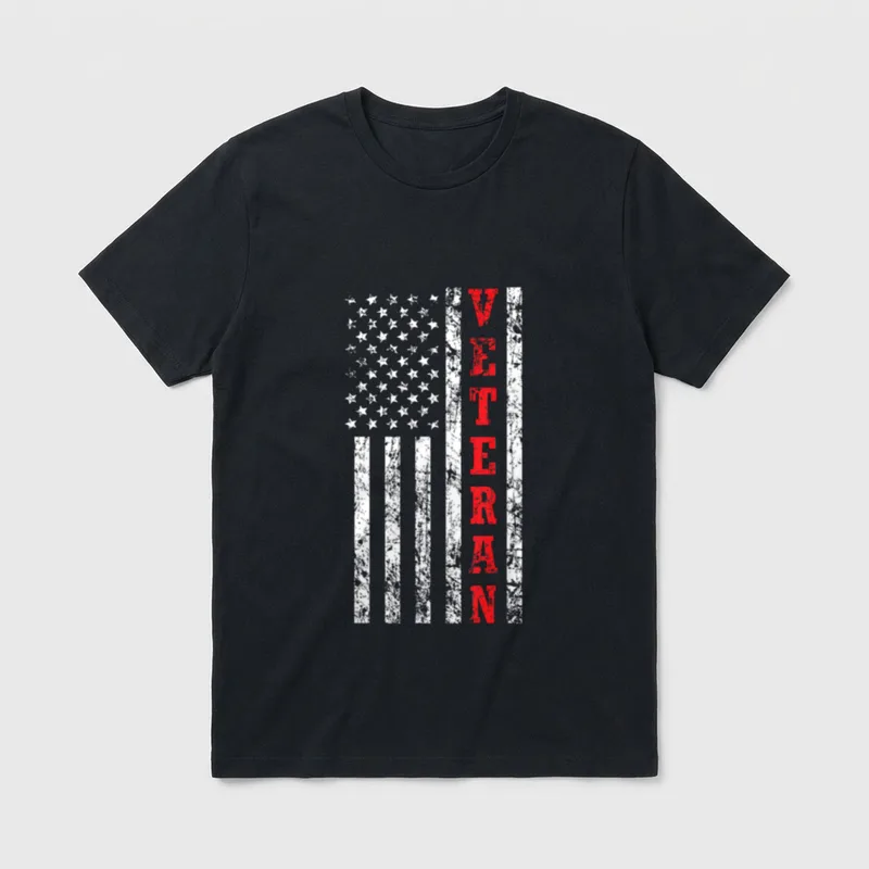 Veteran American Flag T-Shirt – White distressed flag with red "VETERAN" text – Classic T-Shirt in Black