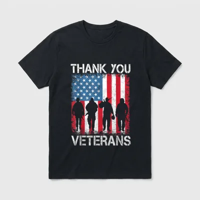 Proud Veteran T-Shirt – "Thank You Veterans" with four soldier silhouettes and American flag – Classic T-Shirt in Black