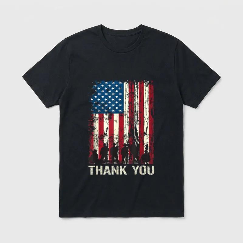 Patriotic Veterans Day T-Shirt – "THANK YOU" with flag and military figures – Classic T-Shirt in Black