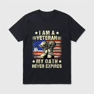 Veteran Oath Never Expires T-Shirt – I AM A VETERAN MY OATH NEVER EXPIRES with boots and flag – Classic T-Shirt in Black