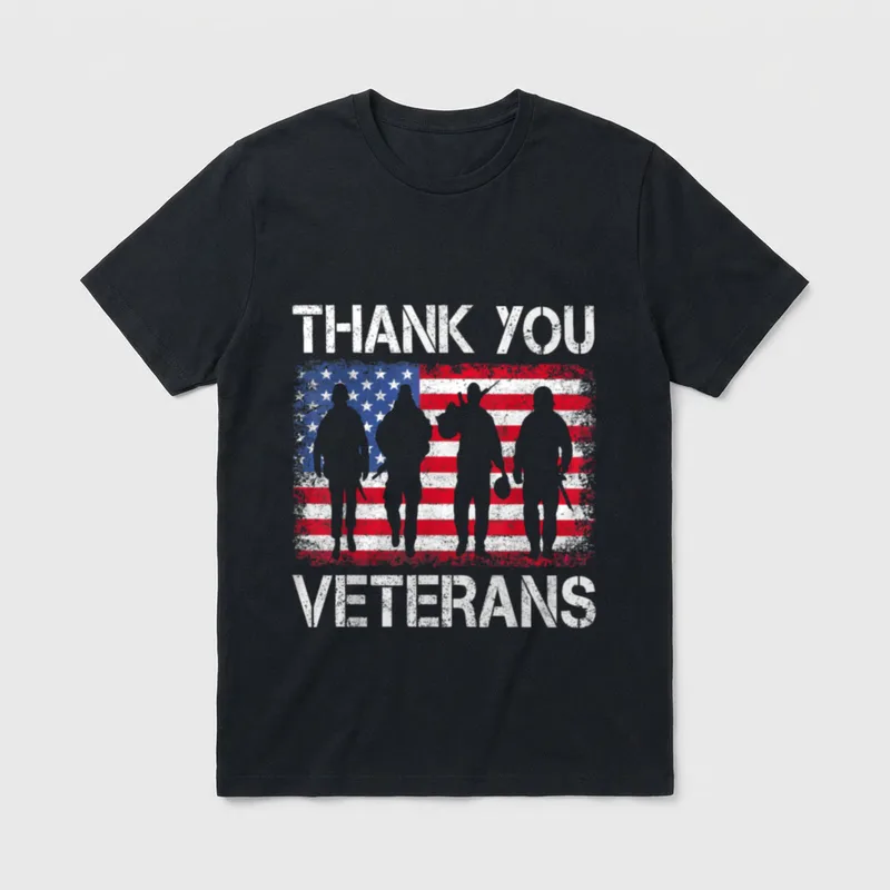 Veterans Day Appreciation T-Shirt – THANK YOU VETERANS with soldier silhouettes and American flag – Classic T-Shirt in Black