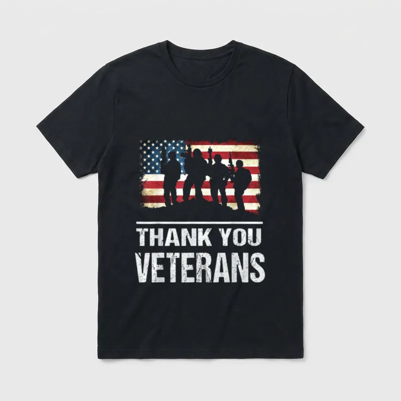 Military Veterans Day T-Shirt – "Thank You Veterans" text with soldier silhouettes – Classic T-Shirt in Black