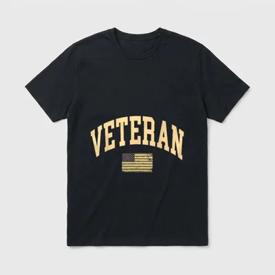 USA Veteran Pride T-Shirt – VETERAN text with distressed American flag in gold – Classic T-Shirt in Black