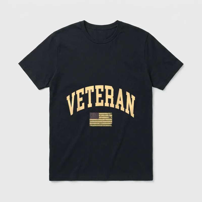 USA Veteran Pride T-Shirt – VETERAN text with distressed American flag in gold – Classic T-Shirt in Black
