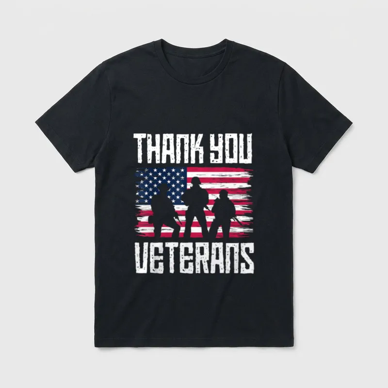 Thank you Veterans Veterans T-Shirt – "THANK YOU VETERANS" text with soldier silhouettes and flag – Classic T-Shirt in Black