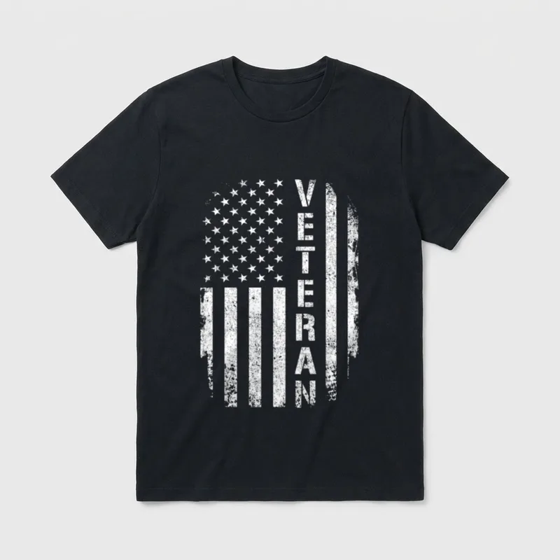 Proud Veteran American Flag T-Shirt – PROUD VETERAN text on distressed American flag – Classic T-Shirt in Black