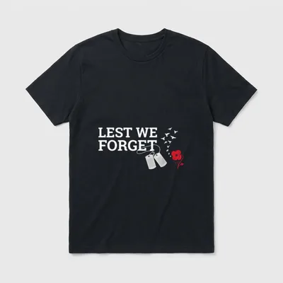 Lest We Forget Veterans T-Shirt – White text reading LEST WE FORGET with dog tags and red poppy – Classic T-Shirt in Black