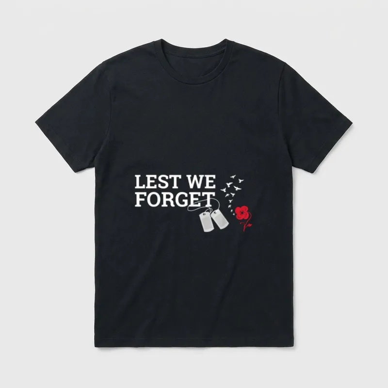 Lest We Forget Veterans T-Shirt – White text reading LEST WE FORGET with dog tags and red poppy – Classic T-Shirt in Black