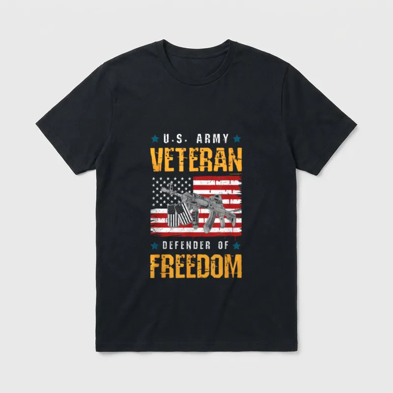 US Veteran Defender Freedom T-Shirt – U.S. ARMY VETERAN DEFENDER OF FREEDOM with flag and dog tags – Classic T-Shirt in Black