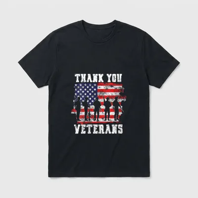 Women's Thank You Veterans T-Shirt – "THANK YOU" and "VETERANS" with soldier silhouettes and flag – Classic T-Shirt in Black