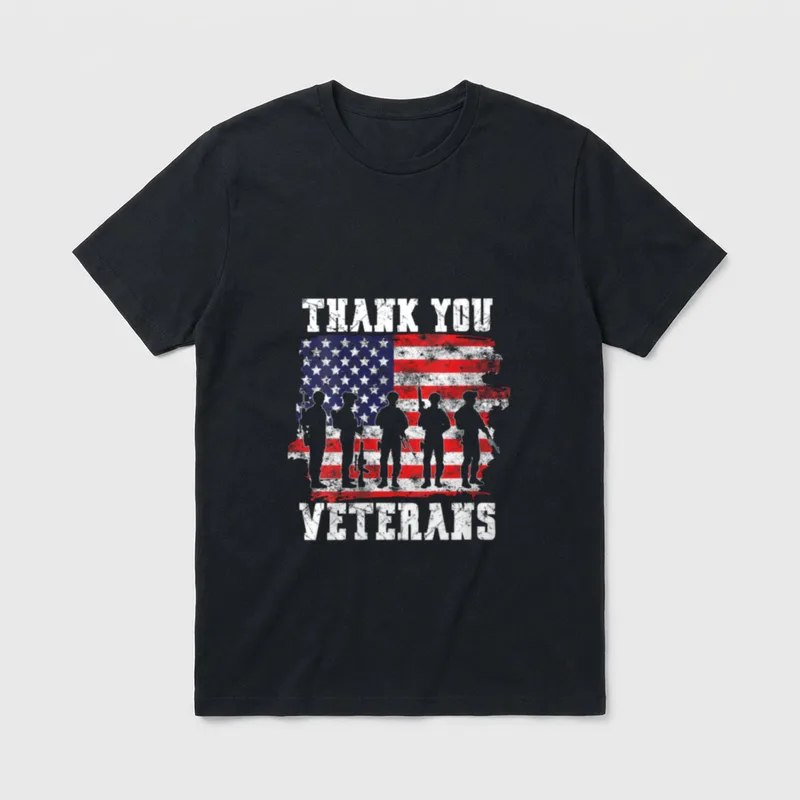 Women's Thank You Veterans T-Shirt – "THANK YOU" and "VETERANS" with soldier silhouettes and flag – Classic T-Shirt in Black