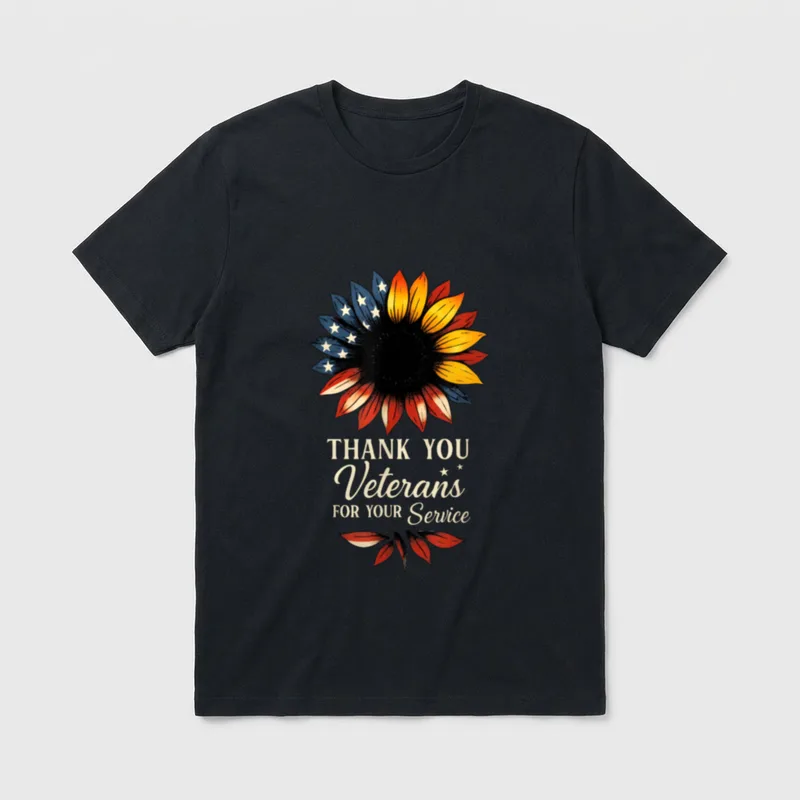 Military Tribute Sunflower T-Shirt – THANK YOU Veterans FOR YOUR Service with flag sunflower – Classic T-Shirt in Black