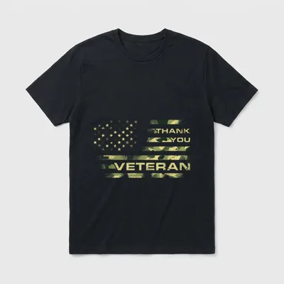 Veterans Day Camouflage Flag T-Shirt – Thank You Veteran text with camouflage flag design – Classic T-Shirt in Black