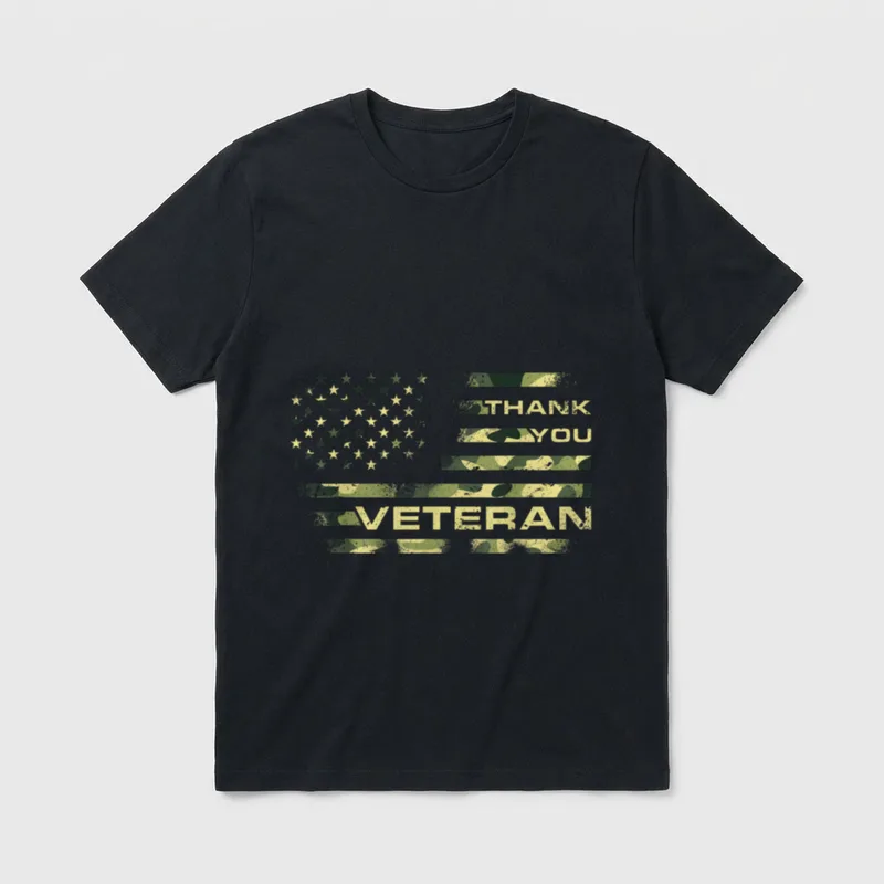 Veterans Day Camouflage Flag T-Shirt – Thank You Veteran text with camouflage flag design – Classic T-Shirt in Black
