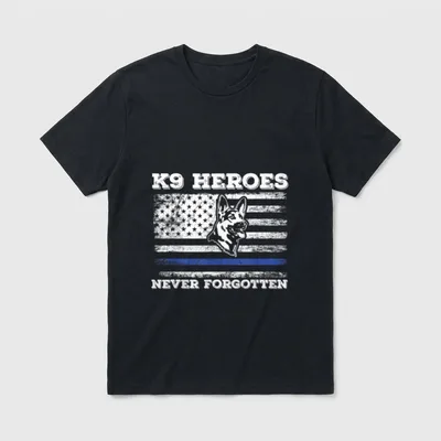 K9 Veteran USA Flag T-Shirt – K9 HEROES NEVER FORGOTTEN with military working dog – Classic T-Shirt in Black