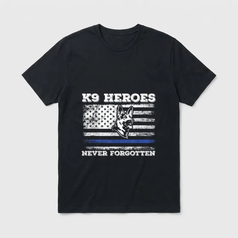 K9 Veteran USA Flag T-Shirt – K9 HEROES NEVER FORGOTTEN with military working dog – Classic T-Shirt in Black