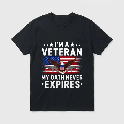 Veterans Day Oath T-Shirt – I'M A VETERAN MY OATH NEVER EXPIRES with eagle and American flag – Classic T-Shirt in Black