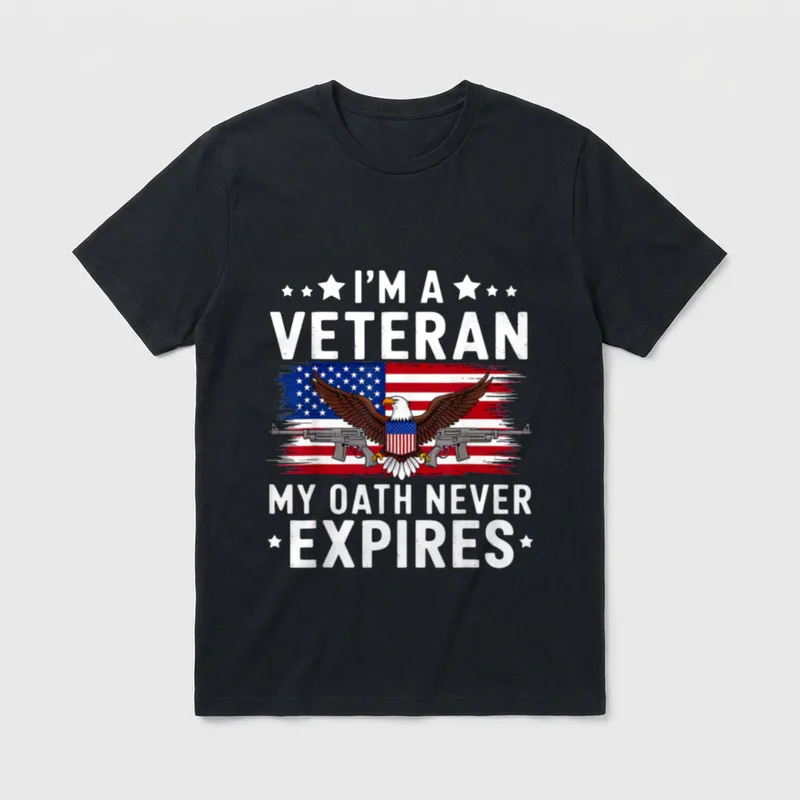 Veterans Day Oath T-Shirt – I'M A VETERAN MY OATH NEVER EXPIRES with eagle and American flag – Classic T-Shirt in Black