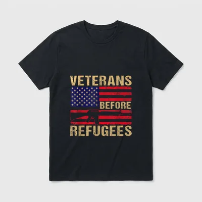 Happy Veterans Day T-Shirt – VETERANS BEFORE REFUGEES text with distressed flag and rifle outline – Classic T-Shirt in Black