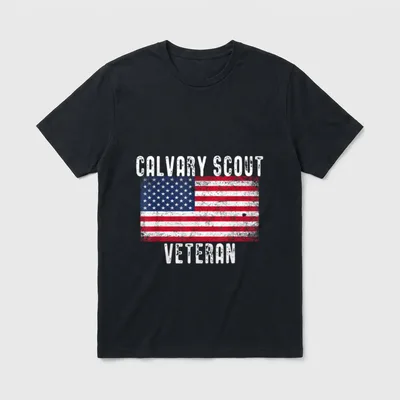 Cavalry Scout Veterans T-Shirt – CALVARY SCOUT and VETERAN text with weathered American flag – Classic T-Shirt in Black