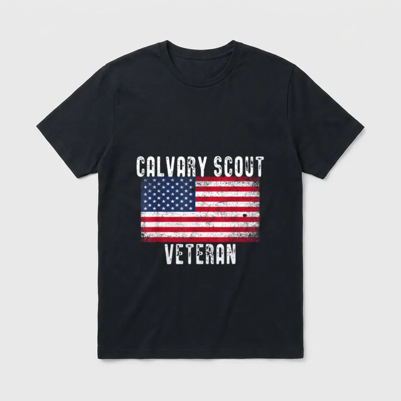 Cavalry Scout Veterans T-Shirt – CALVARY SCOUT and VETERAN text with weathered American flag – Classic T-Shirt in Black