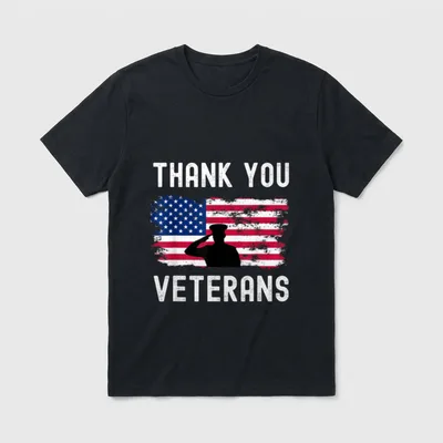 Military Veterans Gift T-Shirt – THANK YOU VETERANS text with flag and soldier salute – Classic T-Shirt in Black