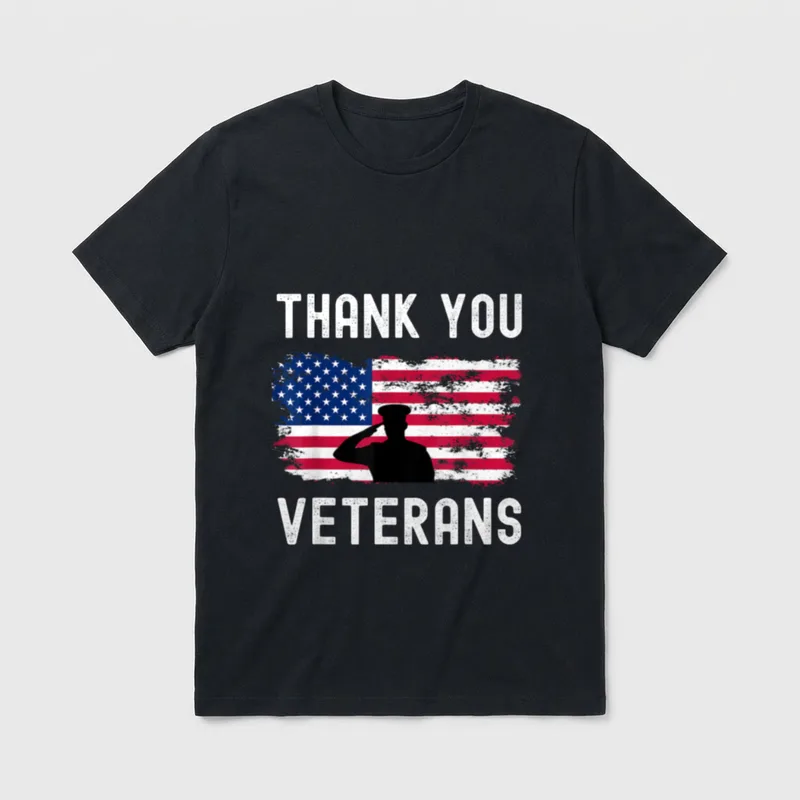 Military Veterans Gift T-Shirt – THANK YOU VETERANS text with flag and soldier salute – Classic T-Shirt in Black