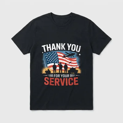 US Flag Veteran T-Shirt – THANK YOU FOR YOUR SERVICE with flag, soldiers, aircraft – Classic T-Shirt in Black