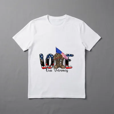 Love Our Veterans Day Proud T-Shirt – LOVE Our Veterans in patriotic lettering with flag and boots – Classic T-Shirt in Black