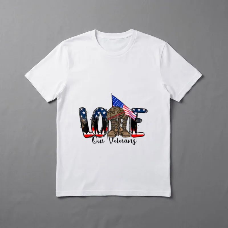 Love Our Veterans Day Proud T-Shirt – LOVE Our Veterans in patriotic lettering with flag and boots – Classic T-Shirt in Black