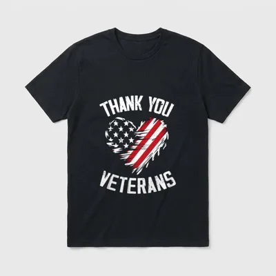 American Flag Veterans T-Shirt – "THANK YOU VETERANS" text with heart-shaped American flag – Classic T-Shirt in Black