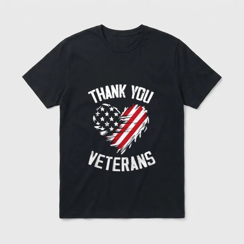 American Flag Veterans T-Shirt – "THANK YOU VETERANS" text with heart-shaped American flag – Classic T-Shirt in Black