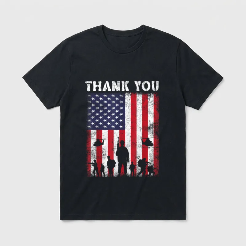 Veterans Day Perfect T-Shirt – "THANK YOU" text with USA flag and soldier silhouettes – Classic T-Shirt in Black