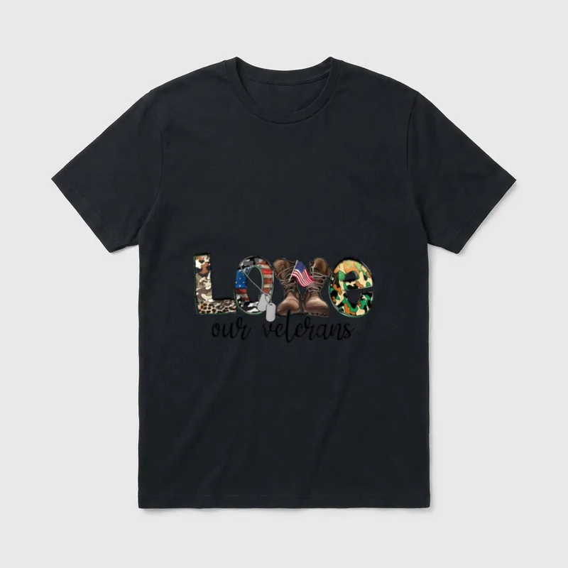 Love Our Veterans Day Proud Flag T-Shirt – LOVE our veterans with military symbols – Classic T-Shirt in Black
