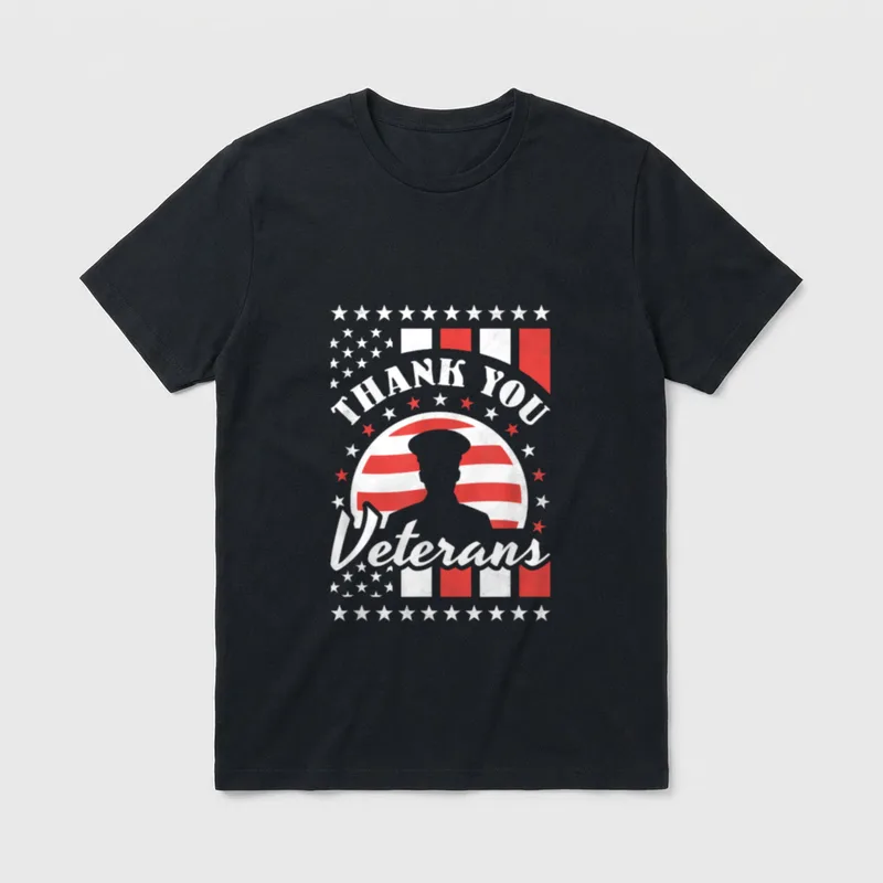 Veteran's Day T-Shirt – Thank You Veterans graphic with soldier silhouette and stars – Classic T-Shirt in Black
