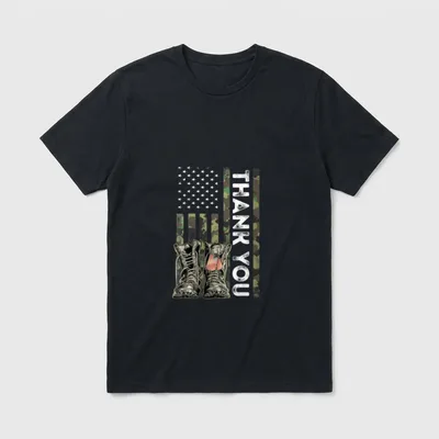 Veterans Day Pride T-Shirt – Camouflage flag with combat boots and dog tags saying thank you – Classic T-Shirt in Black
