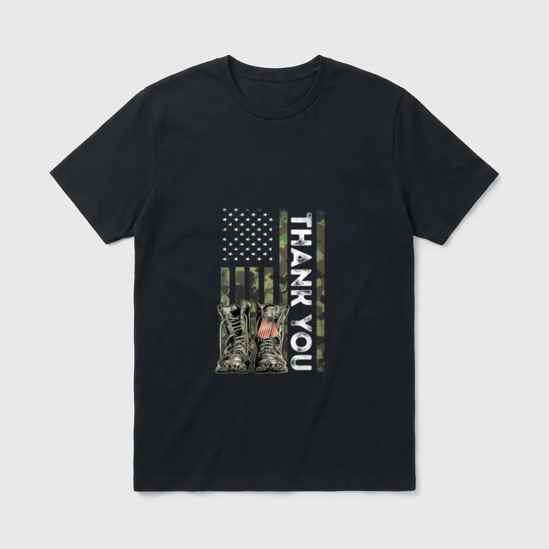 Veterans Day Pride T-Shirt – Camouflage flag with combat boots and dog tags saying thank you – Classic T-Shirt in Black