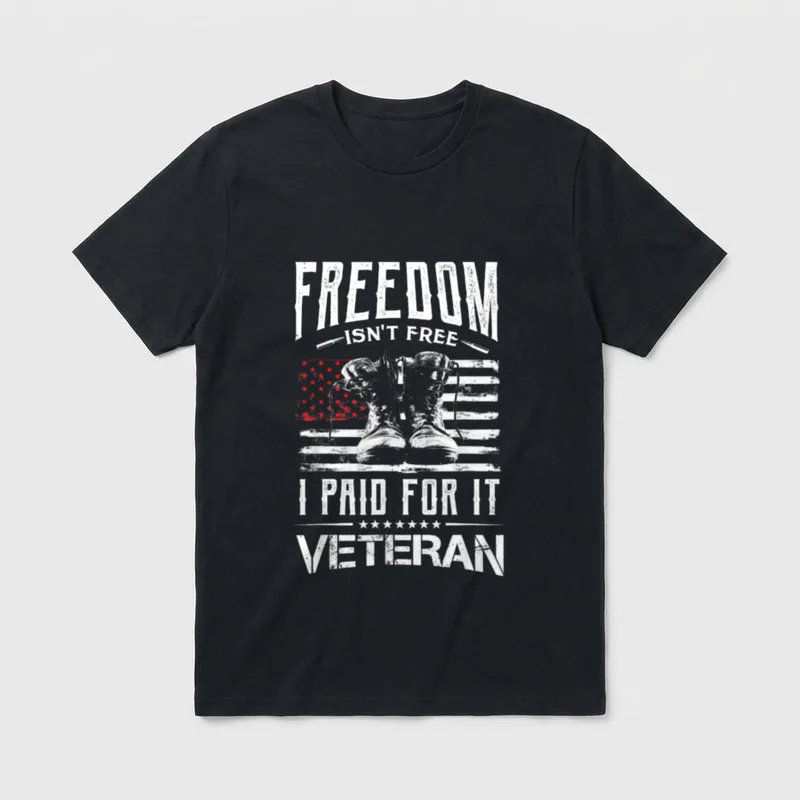 Veterans Freedom T-Shirt – Combat boots on American flag with veteran pride quote – Classic T-Shirt in Black