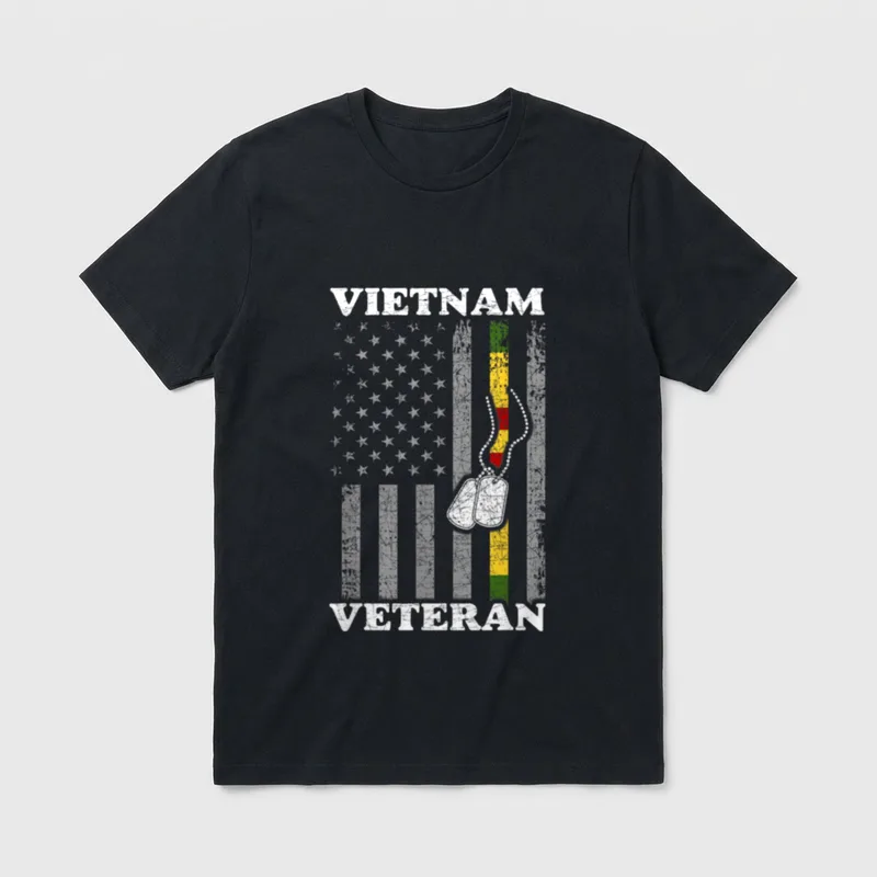 American Flag Vietnam Vet T-Shirt – VIETNAM and VETERAN text with dog tags in flag colors – Classic T-Shirt in Black