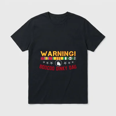 Vietnam War Veteran Military T-Shirt – WARNING! text with service ribbons and BOOCOO DINKY DAU – Classic T-Shirt in Black