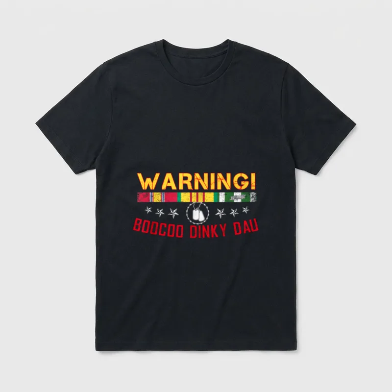 Vietnam War Veteran Military T-Shirt – WARNING! text with service ribbons and BOOCOO DINKY DAU – Classic T-Shirt in Black