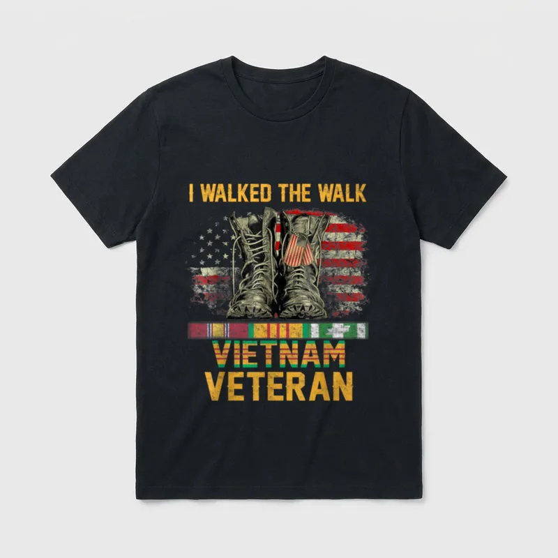 Vietnam Veteran Walking T-Shirt – I WALKED THE WALK VIETNAM VETERAN with combat boots and flag – Classic T-Shirt in Black