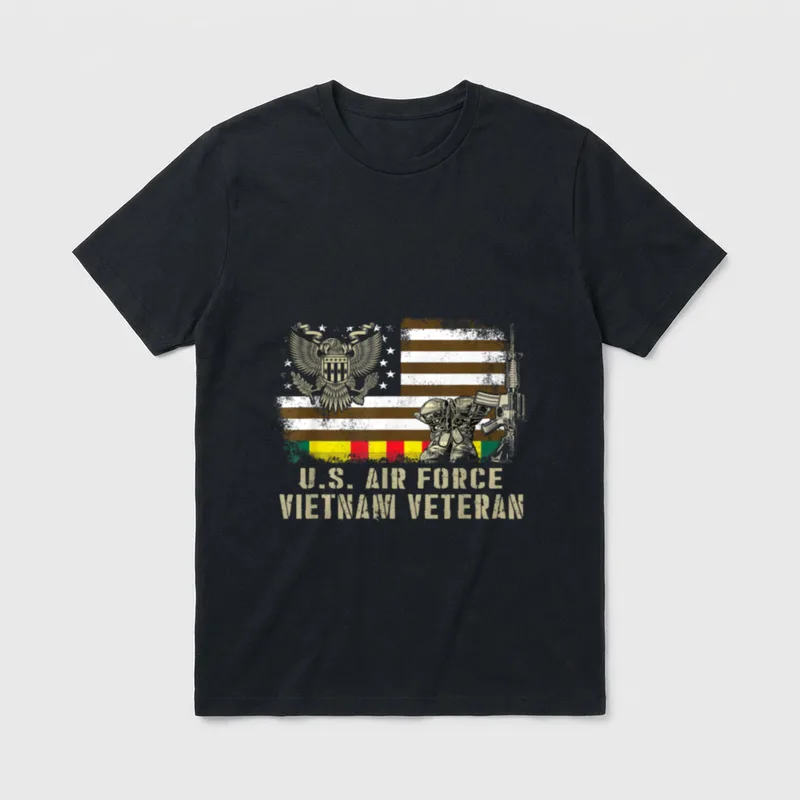 Vintage American Flag Veteran T-Shirt – U.S. Air Force Vietnam Veteran text with flag and insignia – Classic T-Shirt in Black