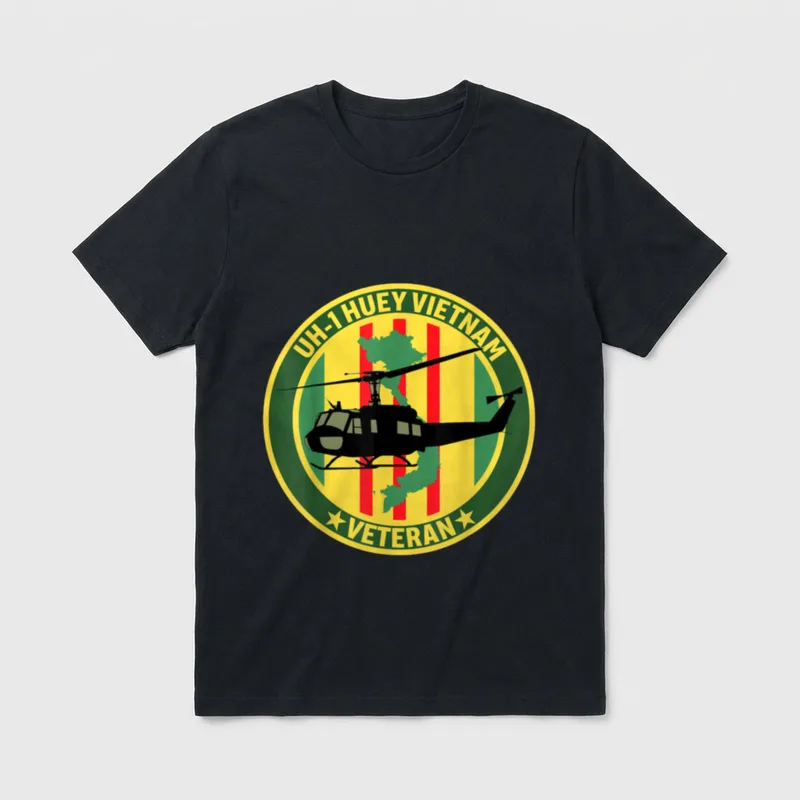 Military Huey Veteran T-Shirt – UH-1 HUEY VIETNAM VETERAN in circular patch – Classic T-Shirt in Black
