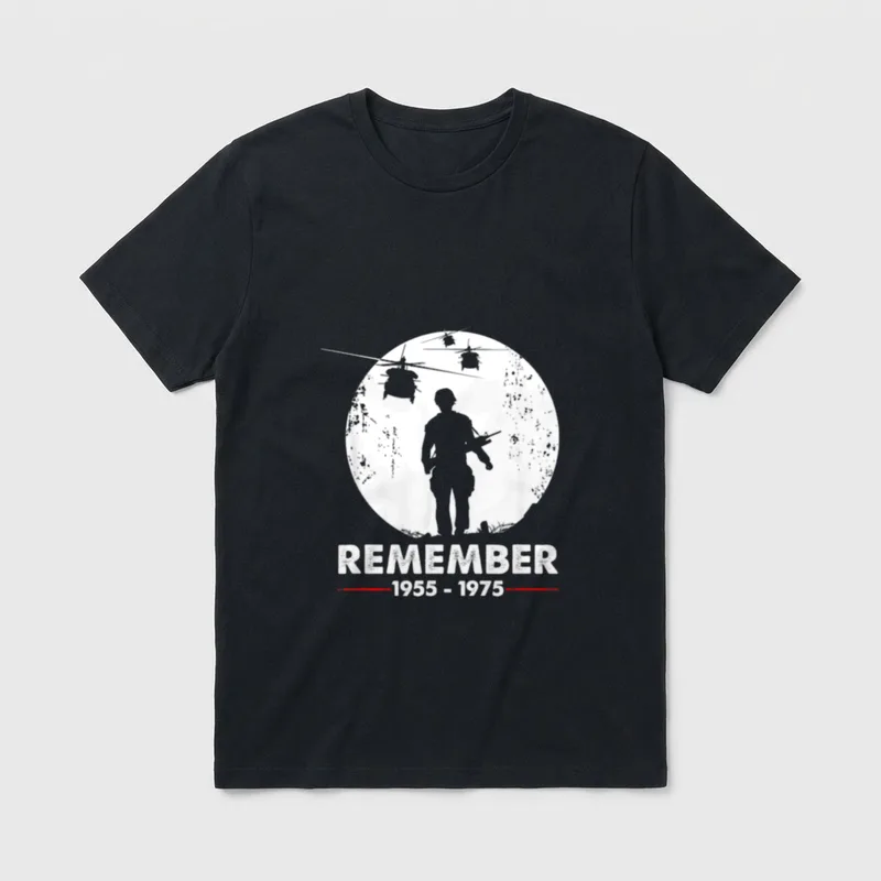 Remember Vietnam Veteran T-Shirt – REMEMBER 1955 - 1975 with soldier and helicopter silhouettes – Classic T-Shirt in Black